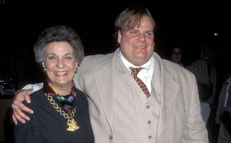 Chris Farley with his mother on the red carpet