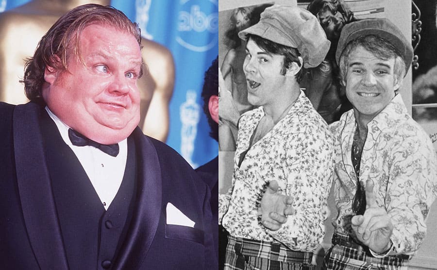 Chris Farley making a face at the Academy Awards / Dan Aykroyd and Steve Martin posing together backstage