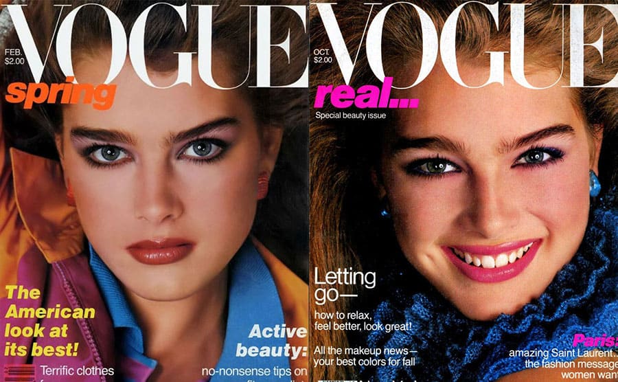 Two covers of Vogue magazine with Brooke Shields on it