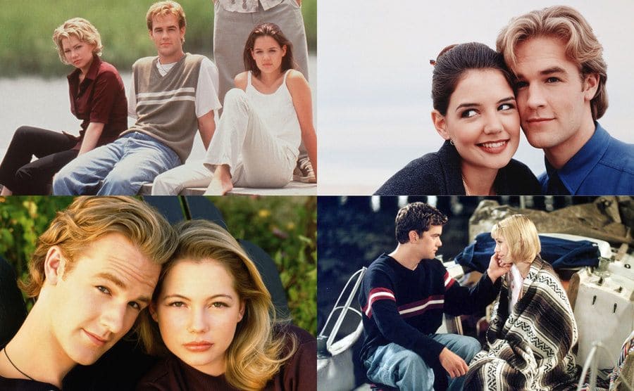 The cast of Dawson’s Creek sitting on the pier in front of the lake / James Van Der Beek and Michelle Williams posing together / Katie Holmes and James Van Der Beek posing together on the beach / Joshua Jackson and Meredith Monroe sitting in the back of a boat having a romantic moment