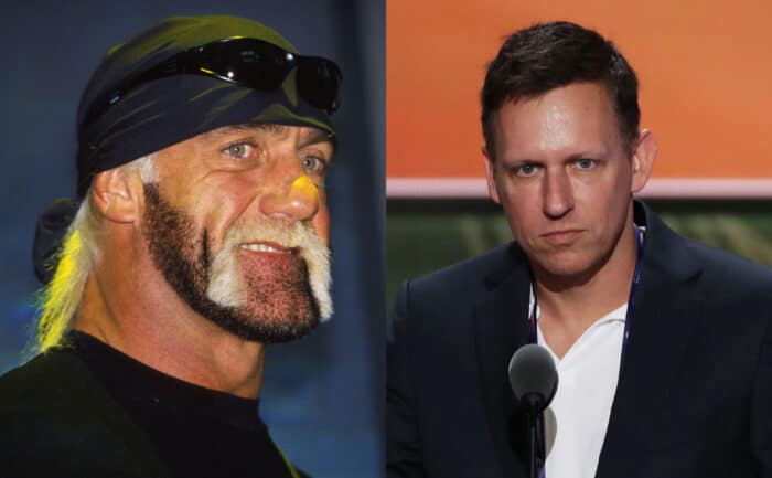 Hulk Hogan on the red carpet / Peter Thiel behind a podium at a media event 