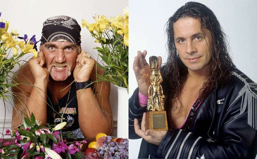 Hulk Hogan posing in front of flowers and a bowl of fruit / Bret Hart posing with a trophy 