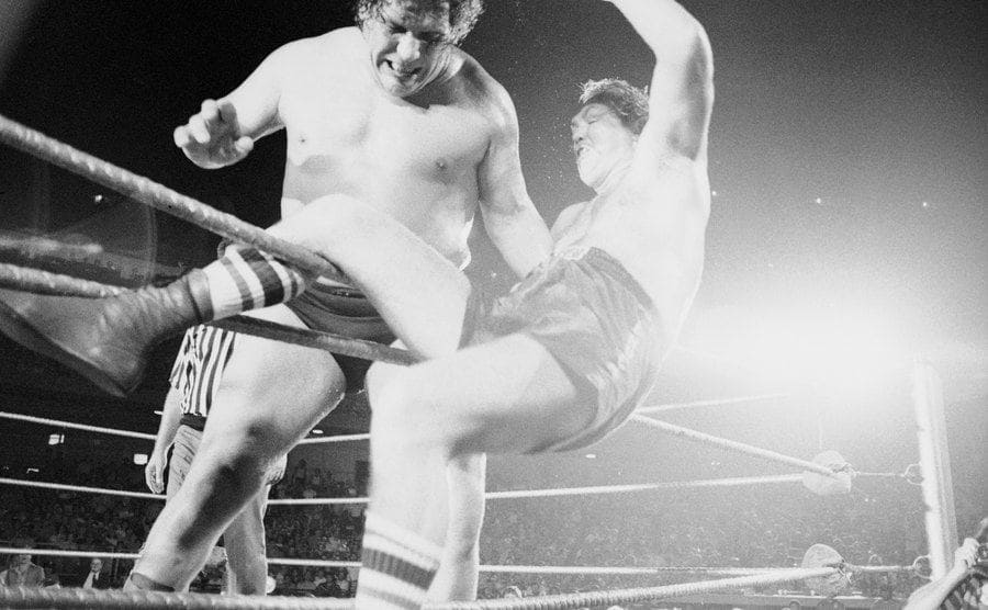 Andre the Giant flipping Chuck Wepner during the wrestling match 
