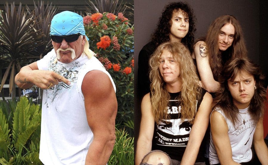 Hulk Hogan pointing to his shoulder / Metallica posing together 