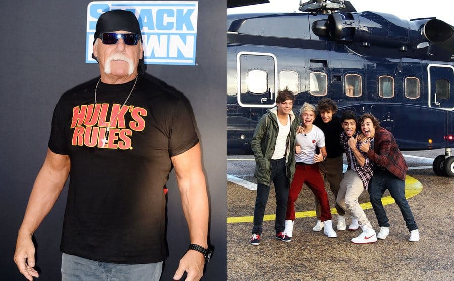 Hulk Hogan on the red carpet / One Direction posing together in front of a helicopter 