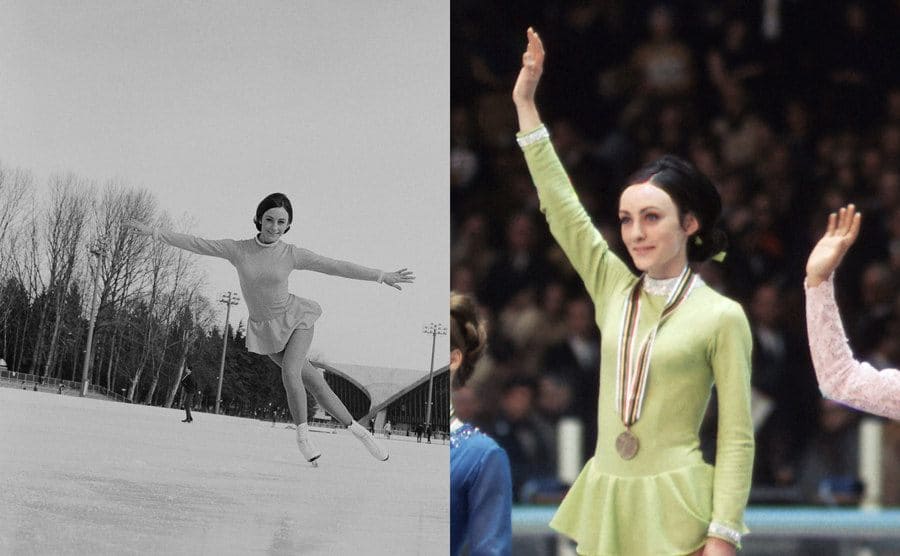 Peggy Fleming mid-move on the ice / The winners with Peggy Fleming center waving to the crowd