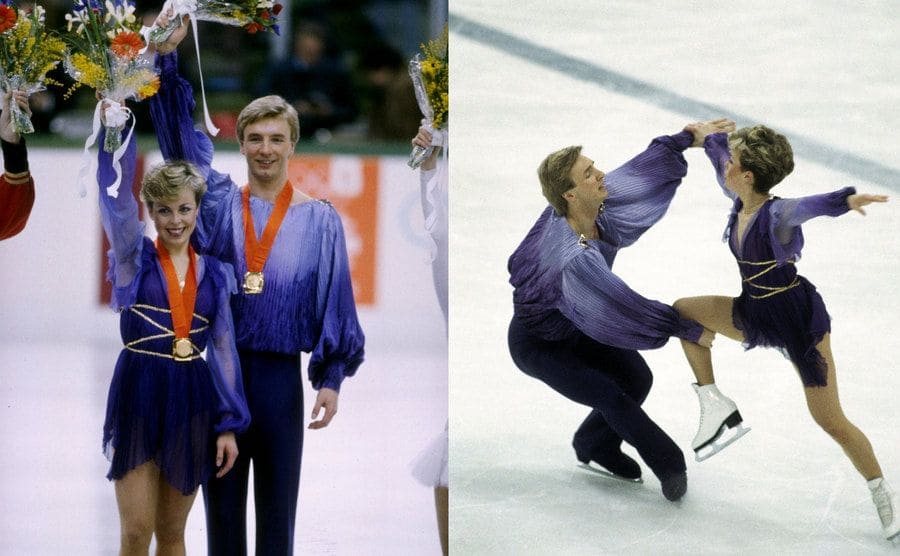 Torvill and Dean holding up their flowers while wearing gold medals / Torvill and Dean performing their routine