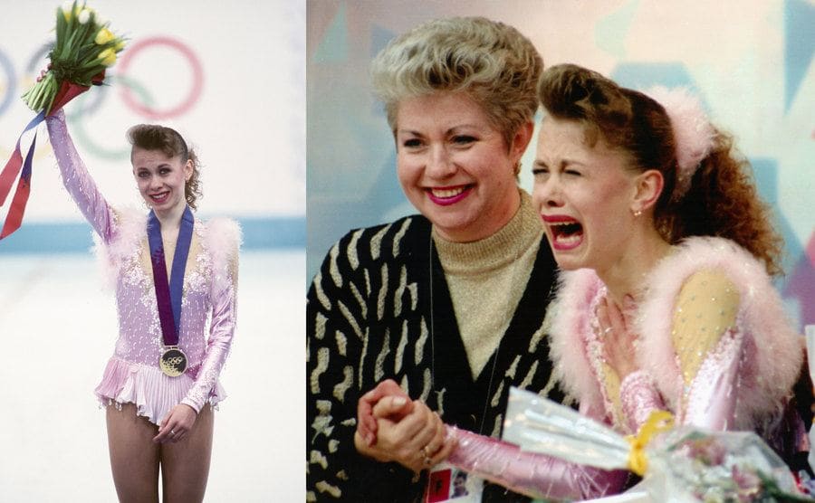 Oksana Baiul holding up flowers while wearing her gold medal / Oksana Baiul crying when she found out she won