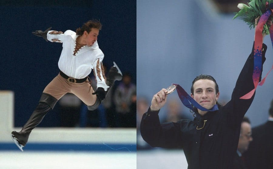Philippe Candeloro mid-jump on the ice / Philippe Candeloro holding flowers and his medal