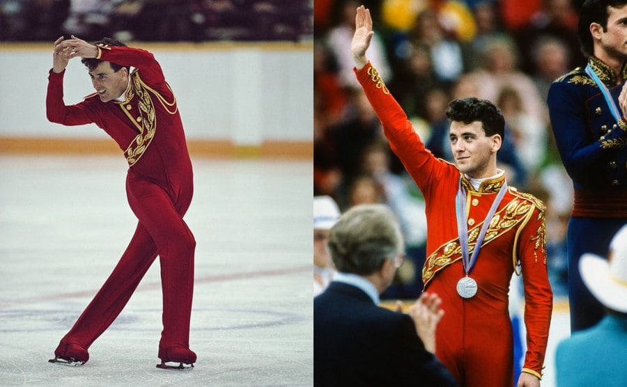 Brian Orser figure skating / Brian Orser waving while wearing his medal