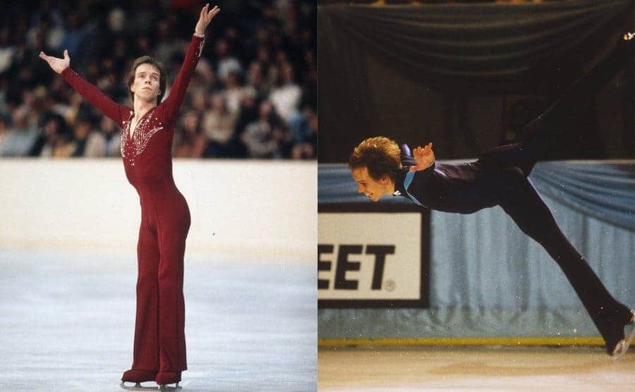 Scott Hamilton posing at the end of his routine / Scott Hamilton mid-flip