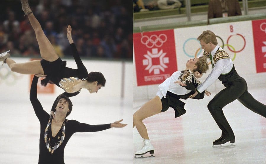 Peter lifting Kitty on the ice / Peter catching Kitty as she leans backward on the ice