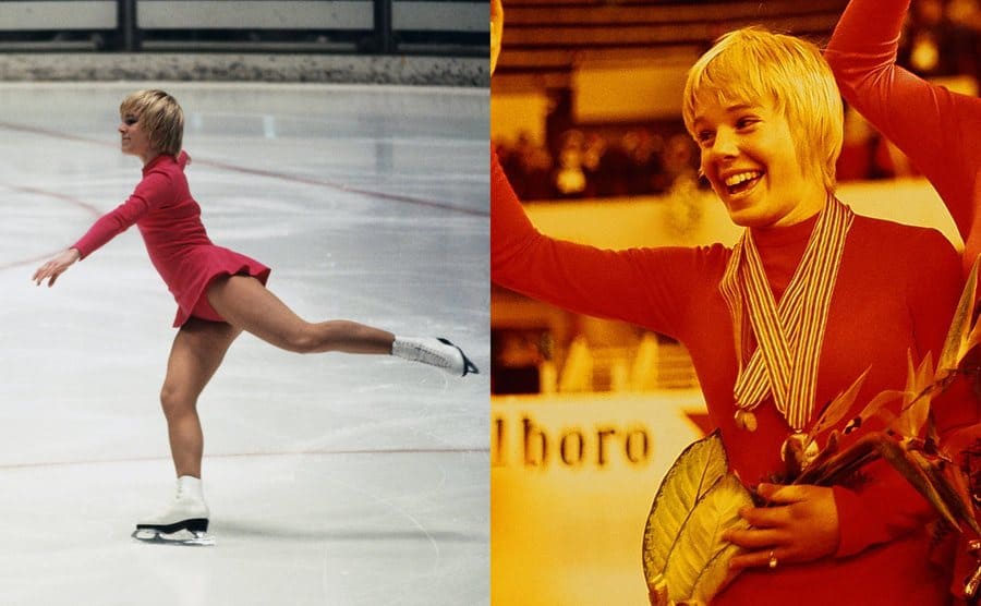 Janet Lynn figure skating at the 1968 Olympics / Janet Lynn holding flowers and wearing her medal