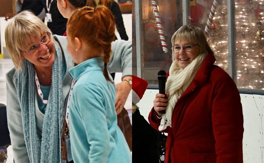 Janet Lynn teaching a young redhead on the ice / Janet Lynn standing on the ice in front of a Christmas display