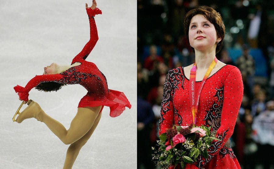 Irina Slutskaya with her hand holding her skate behind her head during her Olympic performance / Irina Slutskaya