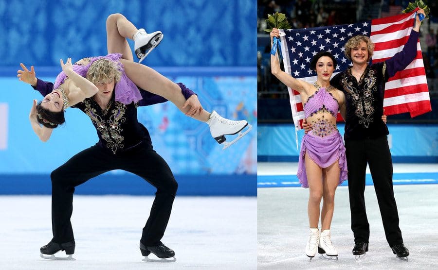 Charlie holding Meryl above his head at the Olympics / Meryl Davis and Charlie White holding flowers and an American flag on the ice