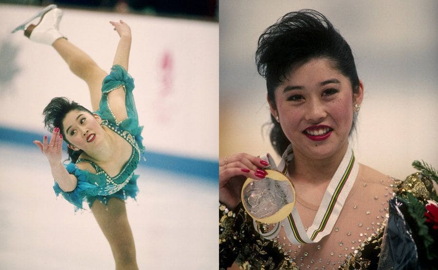 Kristi Yamaguchi gliding on one skate around the ice / Kristi Yamaguchi holding her gold medal