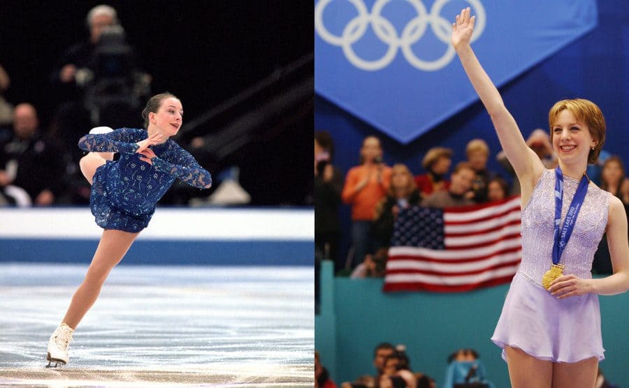 Sarah Hughes gliding along the ice during a performance / Sarah Hughes waving to the crowd while holding her medal