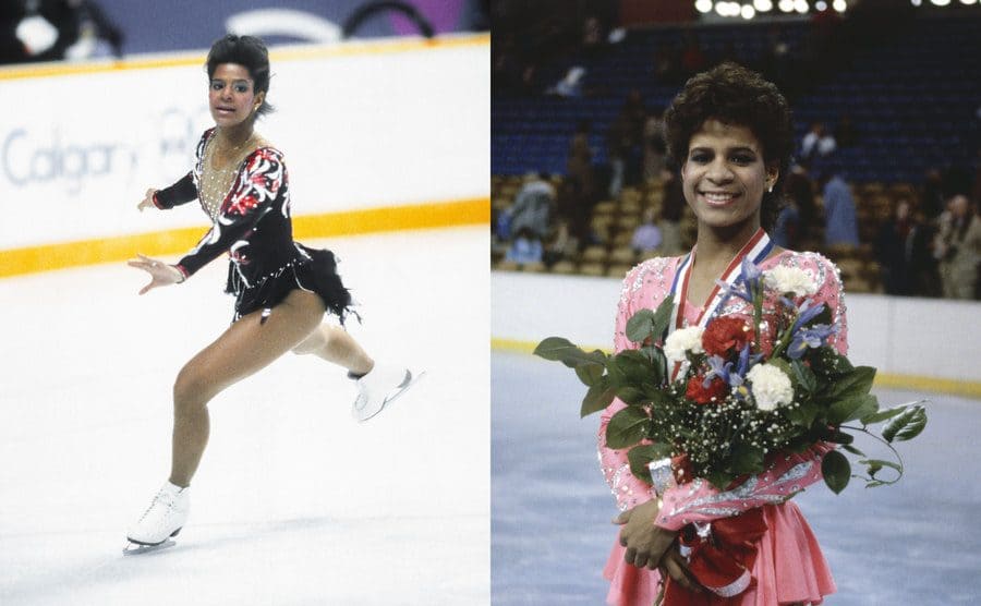 Debi Thomas gliding on the ice / Debi Thomas holding flowers and a medal