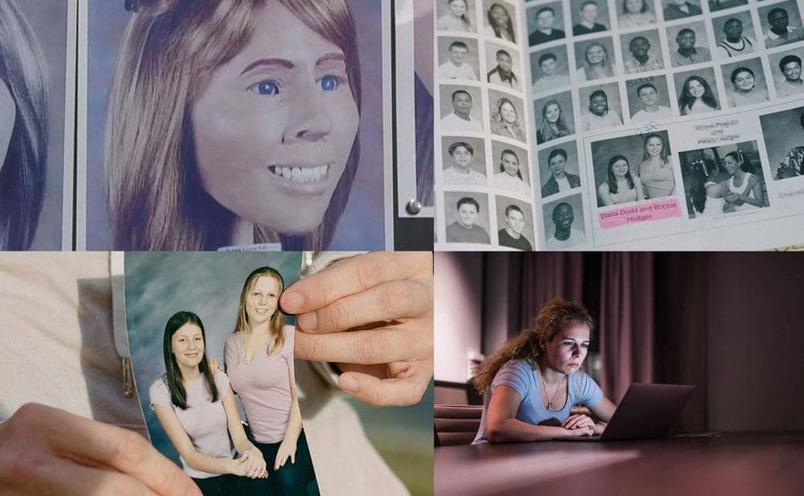 Lavender Doe / A high school yearbook / Dana Lynn Dodd and Bobbie Lynn Hodges / A woman on her laptop.