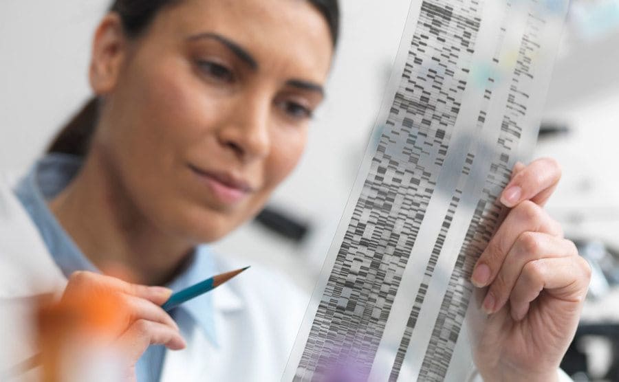 A female scientist is examining a DNA gel in a laboratory.