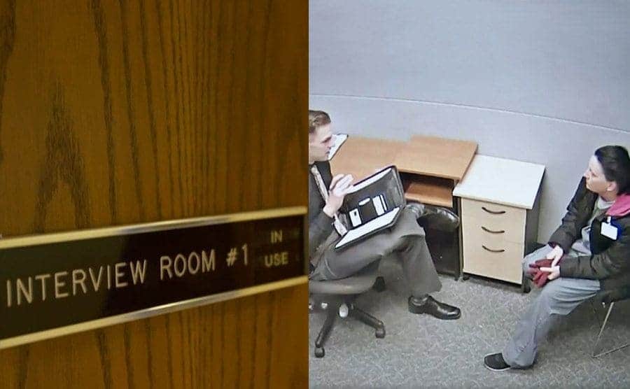 A view at the door from the interview room and a still from Golyar’s interview.