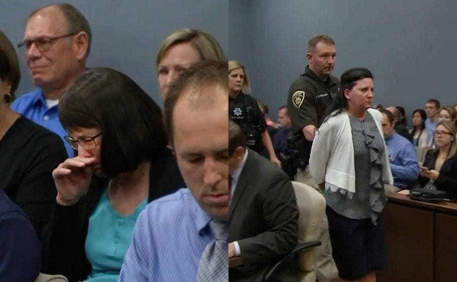 Views of the courtroom of Cari’s mother crying as Golyar is sentenced to prison.