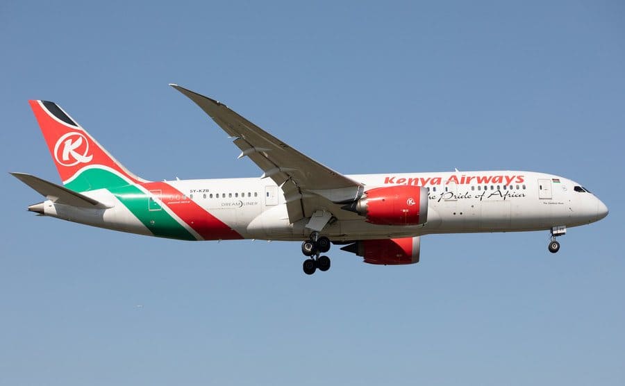 A Kenya Airways Boeing 787 in the air.