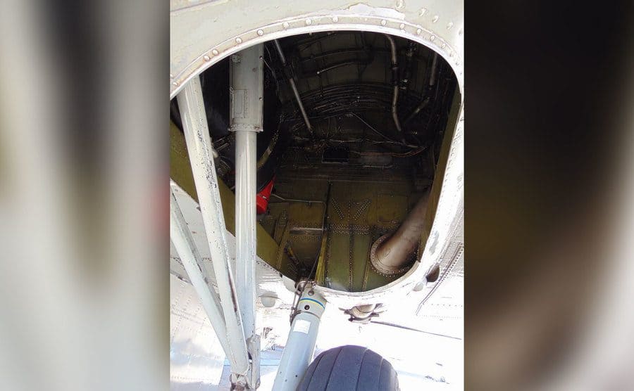 A view of a plane wheel well.