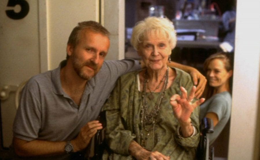 James Cameron, Gloria Stuart, and Suzy Amis behind the scenes of Titanic.