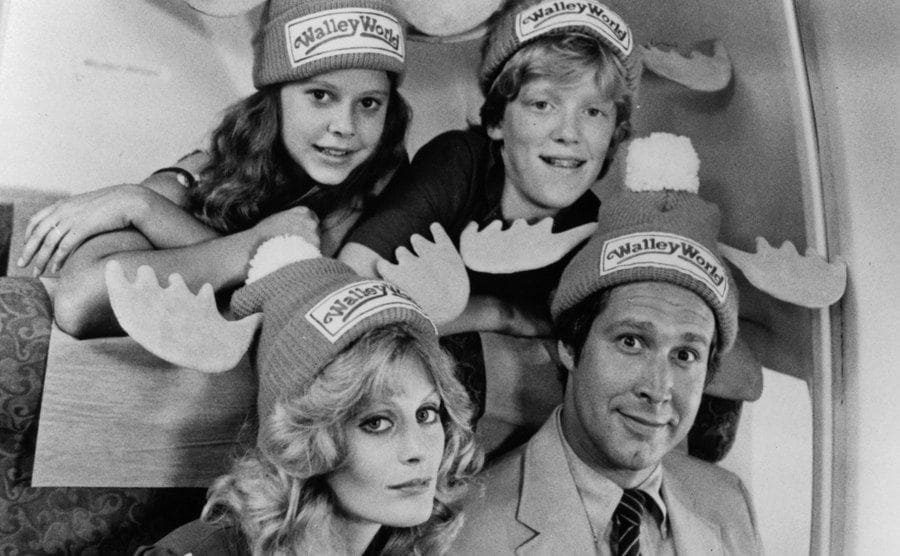 The Griswold family are wearing deer hats.