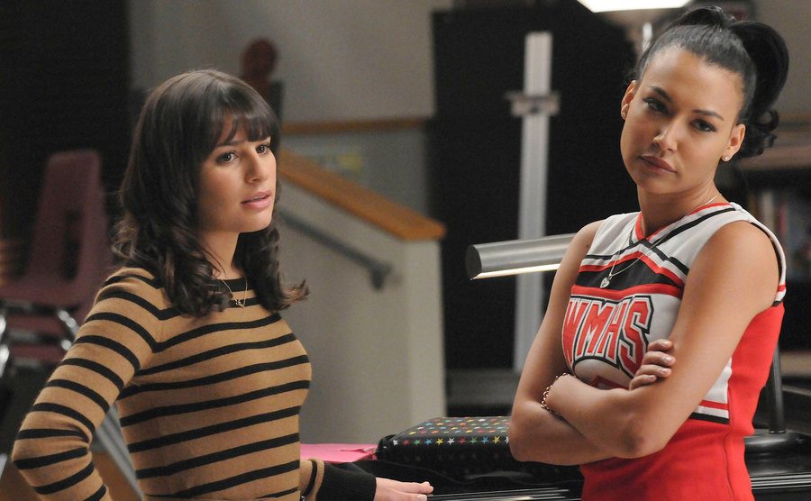 Lea Michele and Naya Rivera on the set of Glee.