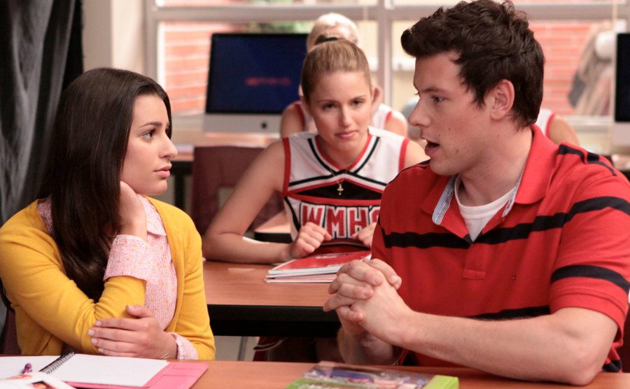 Lea Michele and Cory Montieth on the set of Glee.
