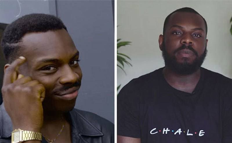 Kayode Ewumi points to his head and smiles / Current portrait of Kayode Ewumi.