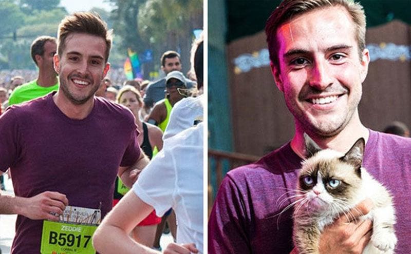 Zeddie Smith running the Cooper River Bridge Run / Zeddie Smith holds his cat.