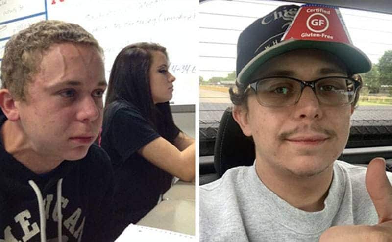 A kid’s expression trying to hold himself / Same kid takes a relaxed selfie.