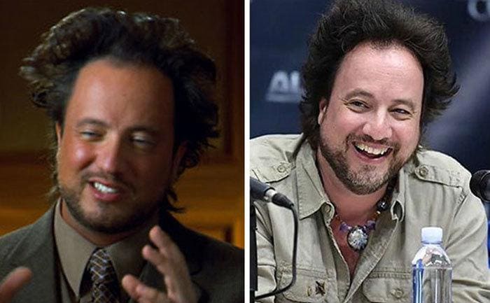 Giorgio Tsoukalos expresses himself with his hands / Giorgio Tsoukalos talks to the press.