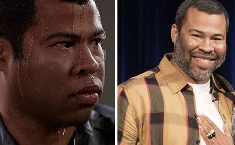 Jordan Peele’s face dripping sweat / Jordan Peele attends an event.