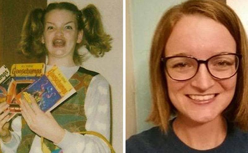 Youg girl Maggie’s exaggerated smile while holding three books / Current Maggie smiles to the camera.