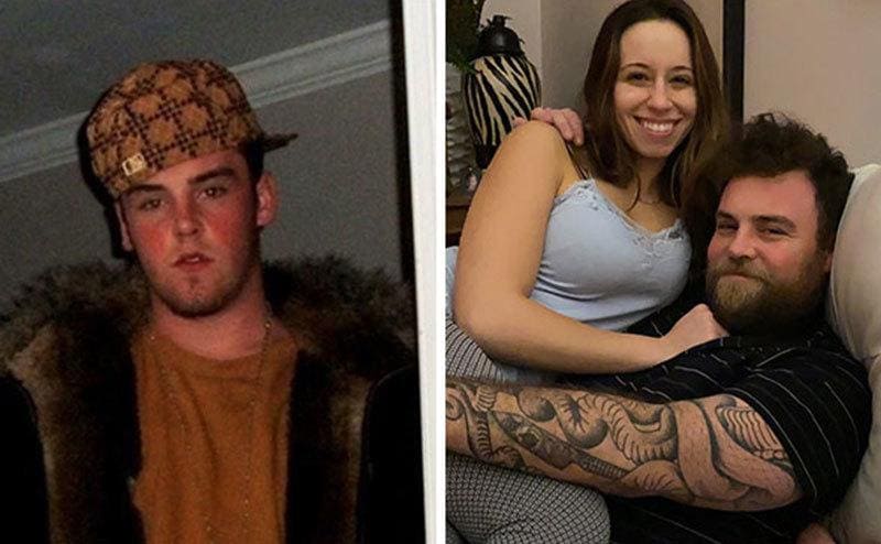 Blake Boston is dressed in fur and a flipped to the side hat / Current Blake Boston embraces his girlfriend while posing.