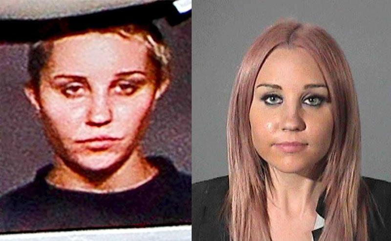A mug shot of Amanda Bynes with shot hair / Amanda Bynes mug shot with pink hair