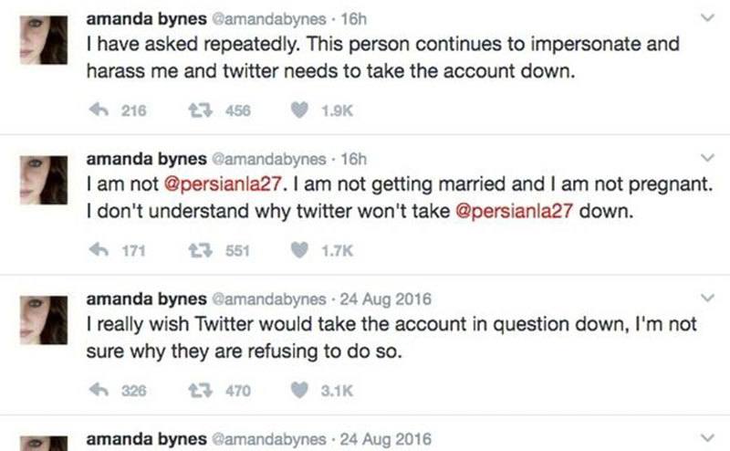 The actual Amanda Bynes tweets demanding the fake account be removed.