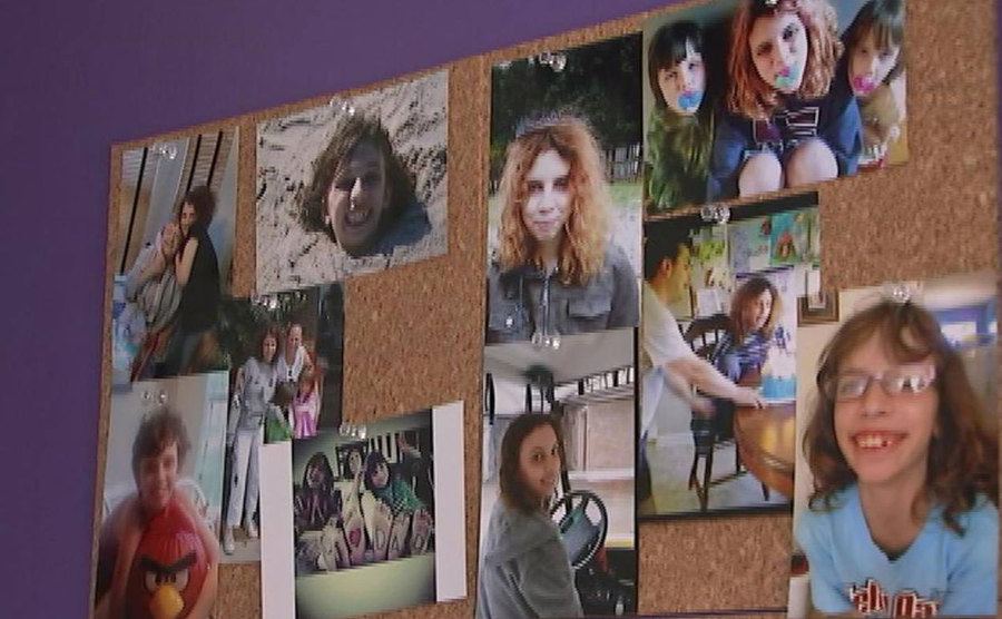 A cork plate is filled with Hailey’s pictures.