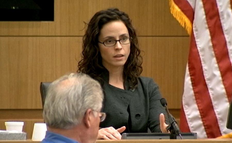 A still from Mimi Hall testifying in court.