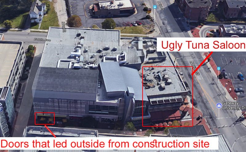 Aerial view of the Ugly Tuna Saloona and the back doors that led to the construction site.