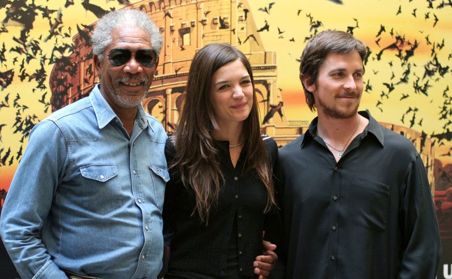 Morgan Freeman, Katie Holmes, and Christian Bale during Batman Begins Premiere.