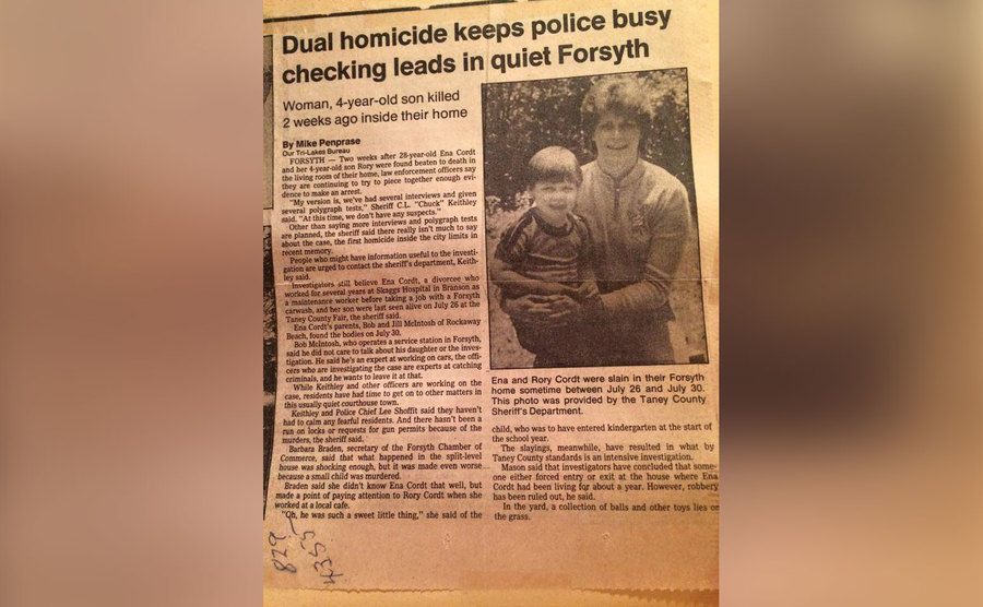 A newspaper clipping is covering the murder of Ena and Willie Cordt. 