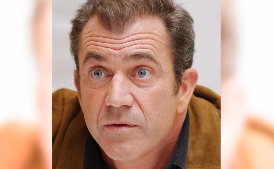A portrait of Mel Gibson during a press conference.