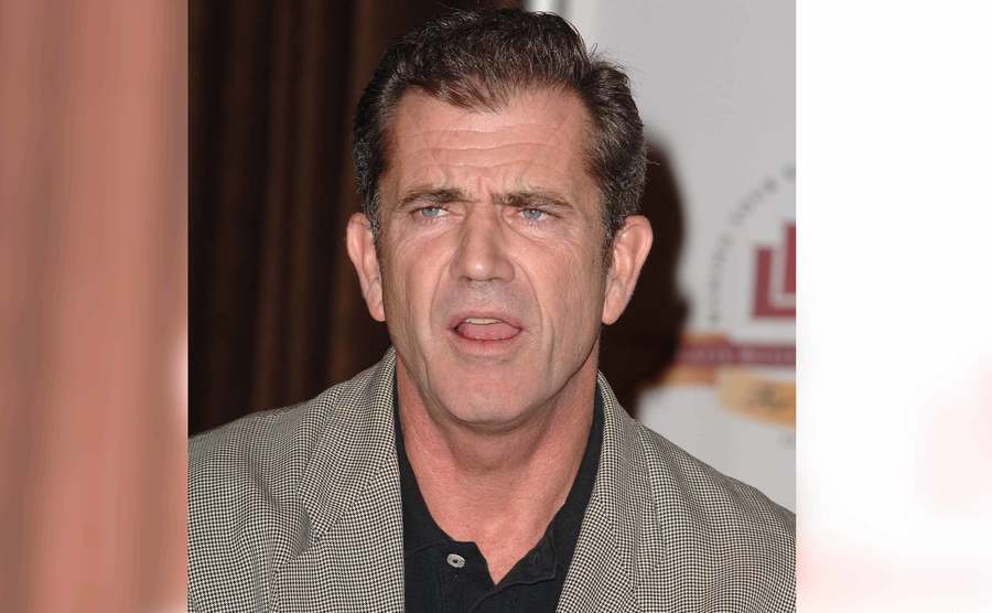 A picture of Mel Gibson during a press conference.
