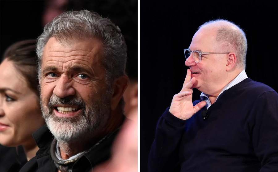 A portrait of Mel Gibson / Frank Rich speaks on stage.